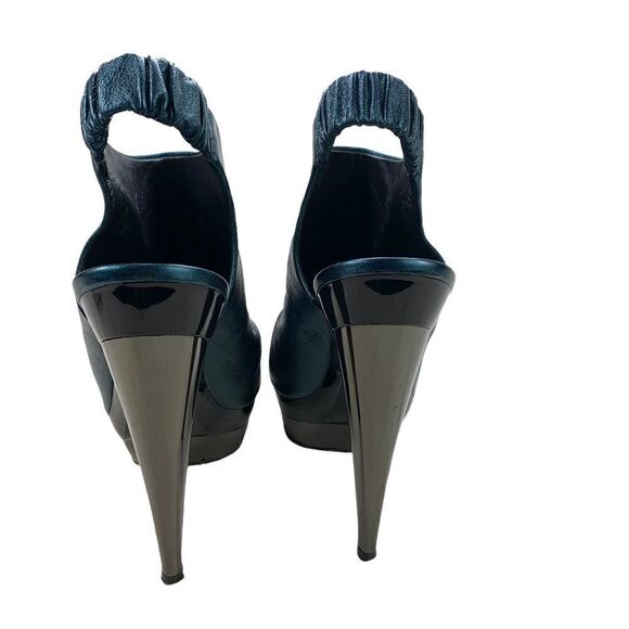 Devi Kroell Blue Silver Metallic Leather Peep Toe Platform Booties 37 / 7 - Picture 6 of 12